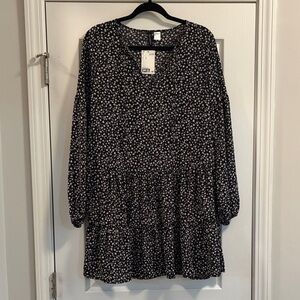 H&M Black Floral Tiered Long Sleeve Dress